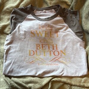 One of a Kind Gray and Orange 3/4 Sleeve Tee with Beth Dutton Design